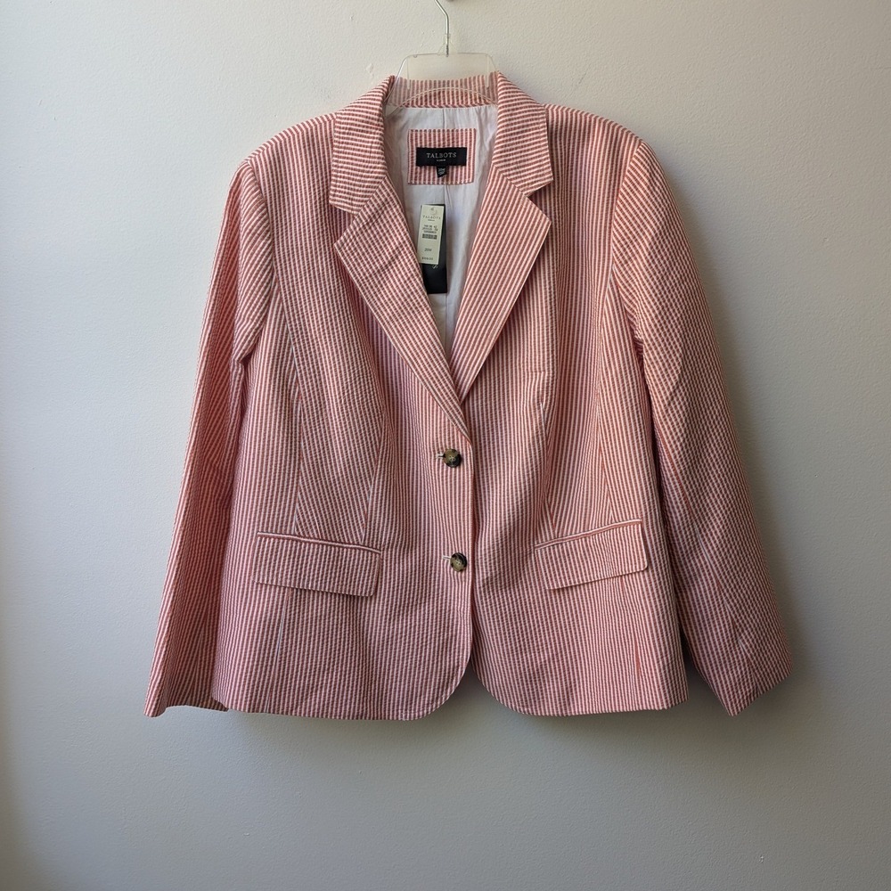 Talbots Blazer Coral White Seersucker Striped Jacket 20W Coastal Preppy Office